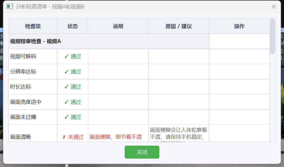 识别前的视频预审：逐项检查视频是否可解码、分辨率、时长、亮度、清晰度等，通过后进入识别