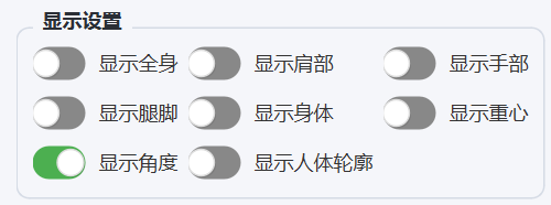 显示设置面板：显示角度、重心、人体轮廓等开关一目了然